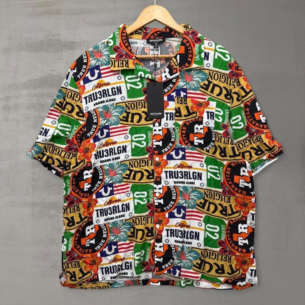 NEW True Religion SS Camp Hawaiian Shirt Graphic Print Multi Color Button Up XL